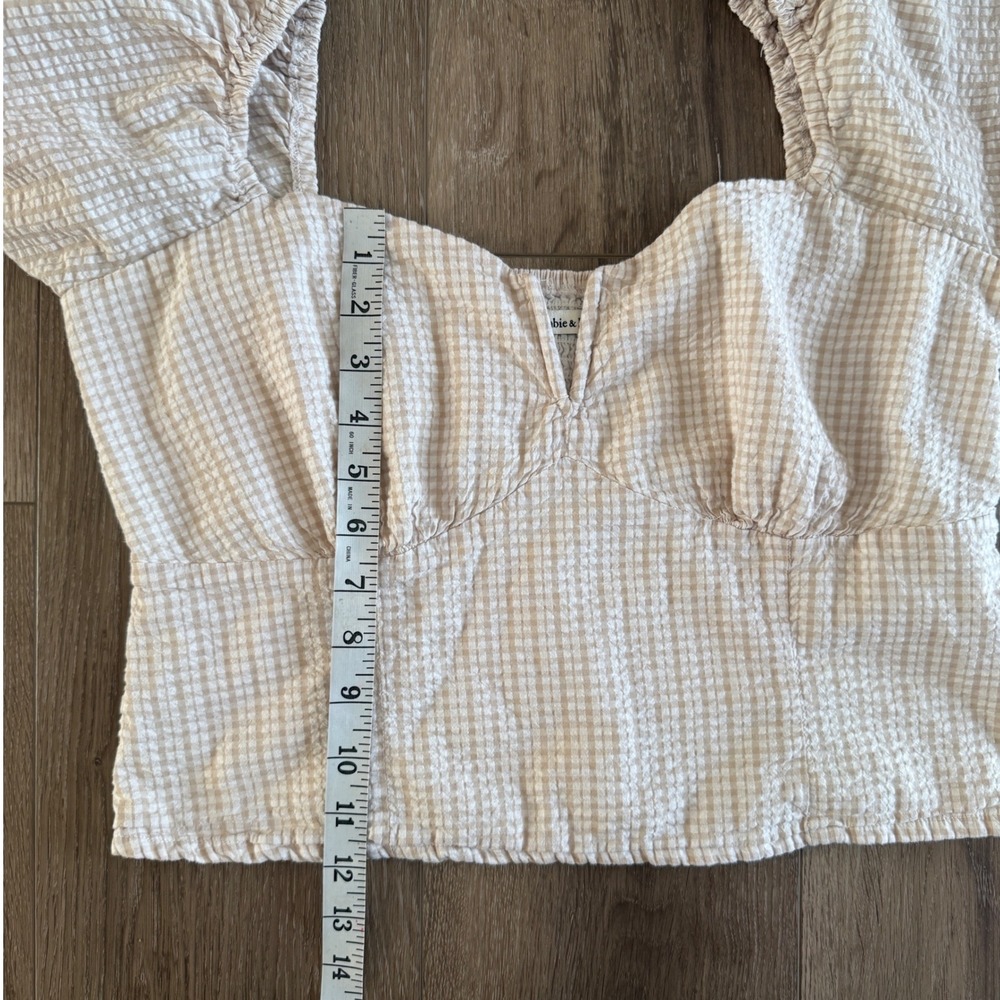 Abercrombie & Fitch Gingham Puff Sleeve Crop Top Tan White Seersucker L - Picture 5 of 7